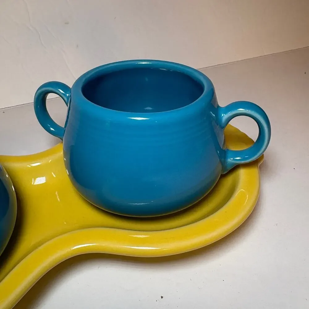 Fiesta Fiestaware Sugar & Creamer Set w Figure 8 Tray Yellow & Blue Mix n Match